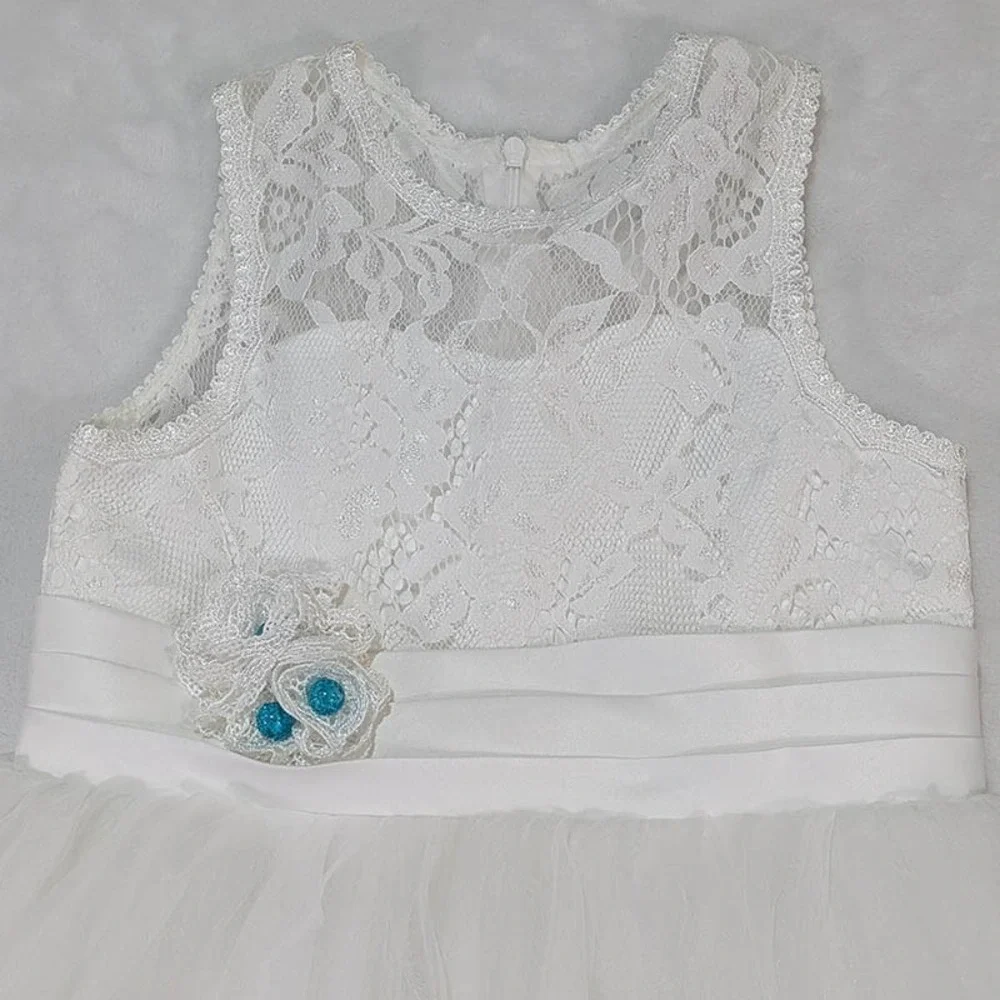 Flower Girl Wedding Pagent Junior Bridesmaid Dress Girls 8-9 White Tulle Overlay